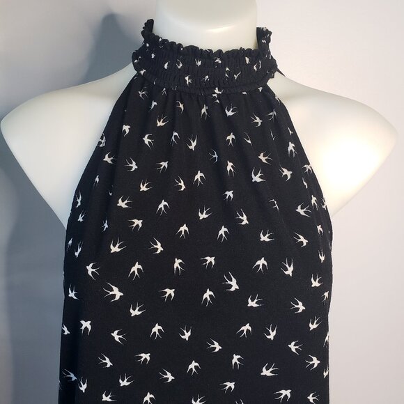 Black and White high ruffle neck sleeveless blouse w birds - Picture 1 of 14